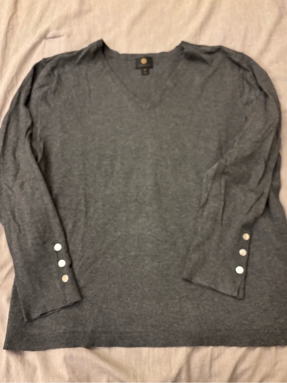 Gray V-Neck Sweater with Button Cuffs